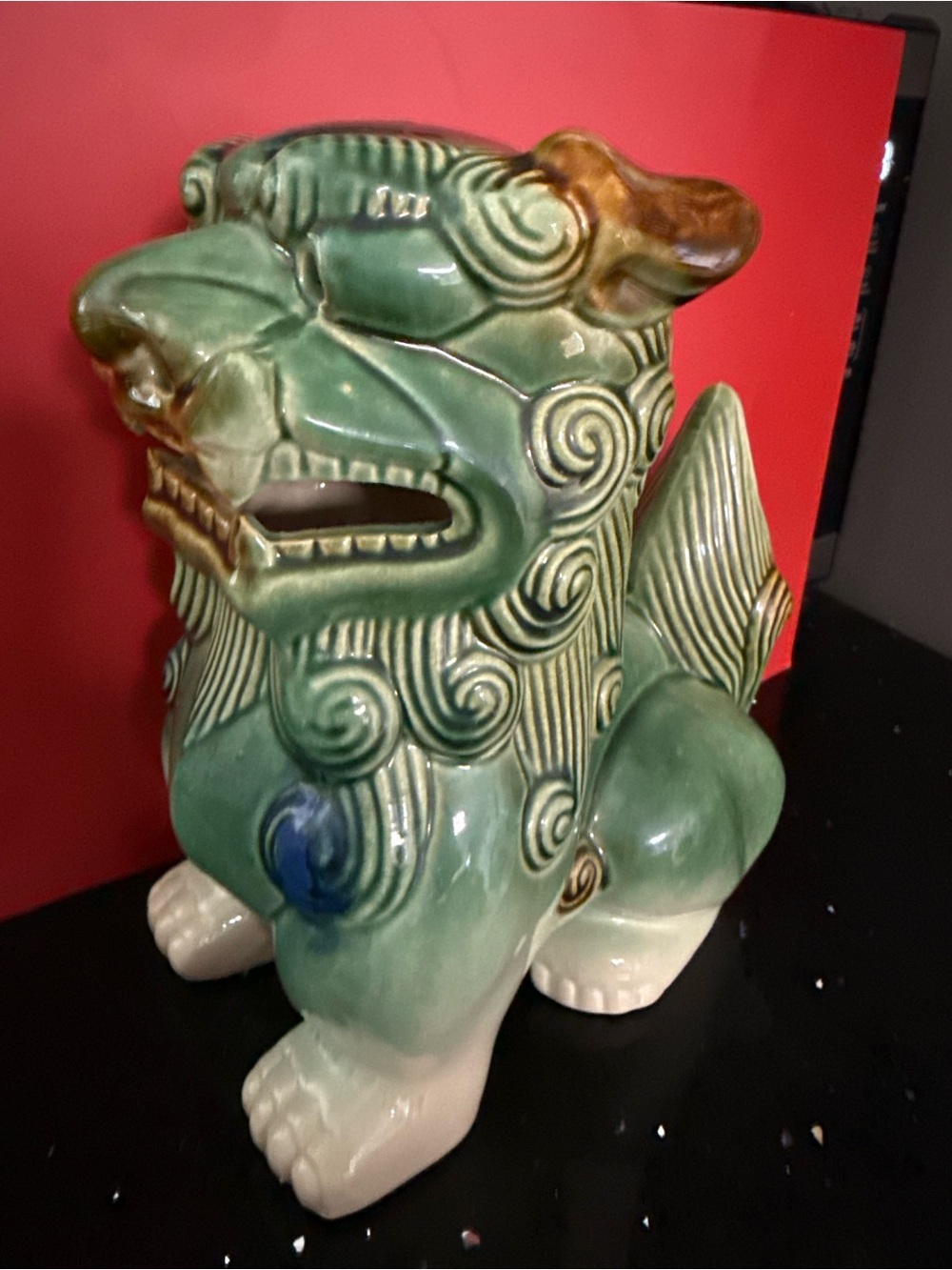 Green Ceramic Foo Dog Sculpture - Decorative Home Art- no imperfections - 10”x9”